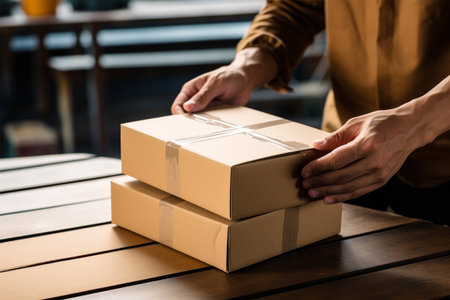 Closeup angle of cardboard on the table with hands unboxing packageの素材