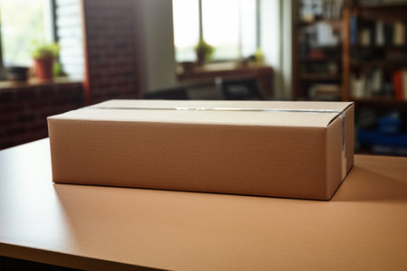 Closeup angle of cardboard on the table with hands unboxing packageの素材