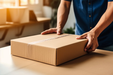 Closeup angle of cardboard on the table with hands unboxing packageの素材