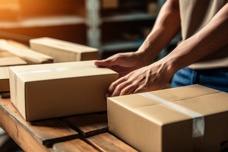 Closeup angle of cardboard on the table with hands unboxing packageの素材