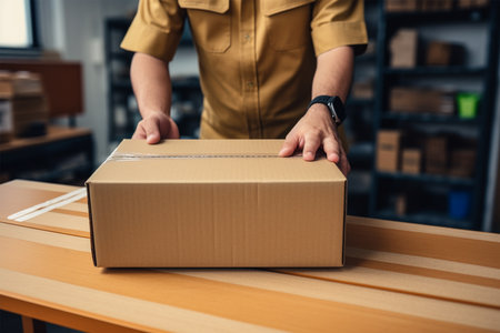 Closeup angle of cardboard on the table with hands unboxing packageの素材