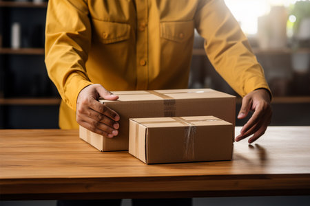 Closeup angle of cardboard on the table with hands unboxing packageの素材