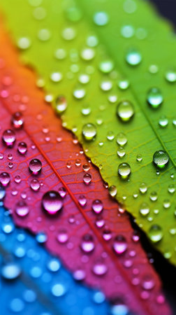 Rainbow leaf closeup water dew dropped high detail photographyの素材