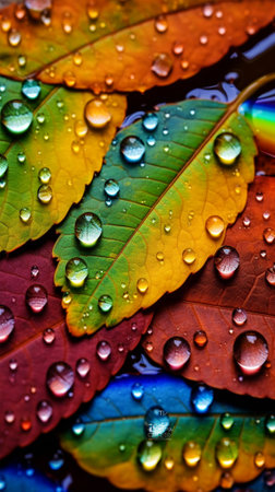 Rainbow leaf closeup water dew dropped high detail photographyの素材