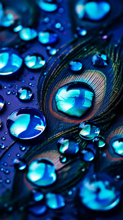 Macro photo of peacock feathers water dropped high detail photographyの素材