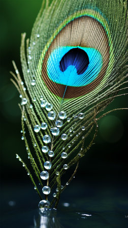 Macro photo of peacock feathers water dropped high detail photographyの素材