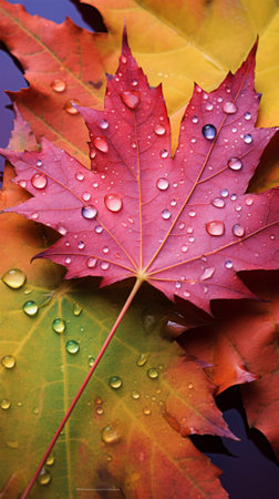 Rainbow leaf closeup water dew dropped high detail photographyの素材