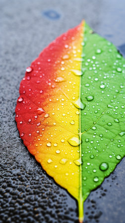 Rainbow leaf closeup water dew dropped high detail photographyの素材