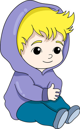 a yellow haired baby boy is cold so wearing a purple jacketのイラスト素材