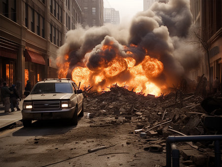 Explosion boom city disasters high photographyの素材