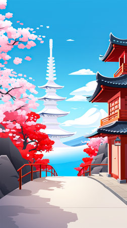 flat color style draw japanese village landscapeの素材