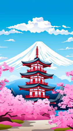 flat color style draw japanese village landscapeの素材