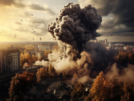 3d realistic rendering meteor fall from the sky to city and explosionの素材