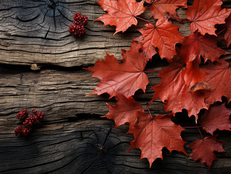 natural leaves on the wood plank, autumn season backgroundの素材
