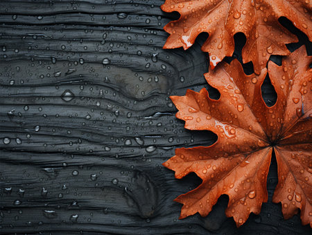 natural leaves on the wood plank, autumn season backgroundの素材