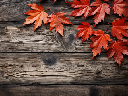 natural leaves on the wood plank, autumn season backgroundの素材