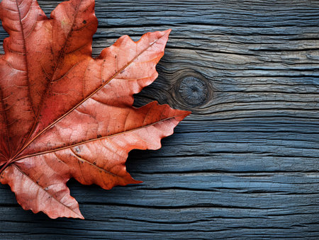 natural leaves on the wood plank, autumn season backgroundの素材