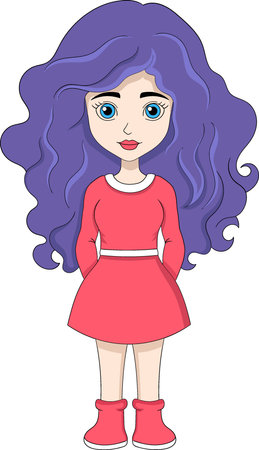 young girl with long purple hair, standing wearing a Christmas party themed outfit, creative illustration drawのイラスト素材