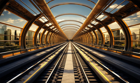 tunnel for the railway with views of the city visible from inside, creative images backgroundの素材