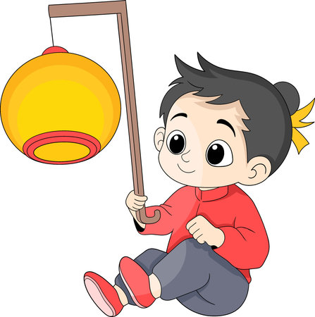 illustration of Chinese New Year celebrations, young people are sitting looking at lit lanterns, cartoon flat illustrationのイラスト素材