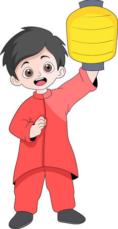 illustration of Chinese New Year celebration, boy carrying a lantern, cartoon flat illustrationのイラスト素材
