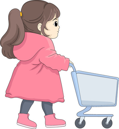 cartoon doodle illustration of daily activities, beautiful young girl pushing a shopping cart for shopping, creative drawingのイラスト素材