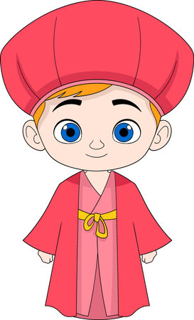 Cultural cartoon doodle illustration, young man wearing red Chinese clothing, creative drawingのイラスト素材