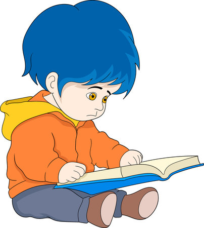 educational cartoon doodle illustration, baby boy is sitting reading a knowledge book, creative drawingのイラスト素材