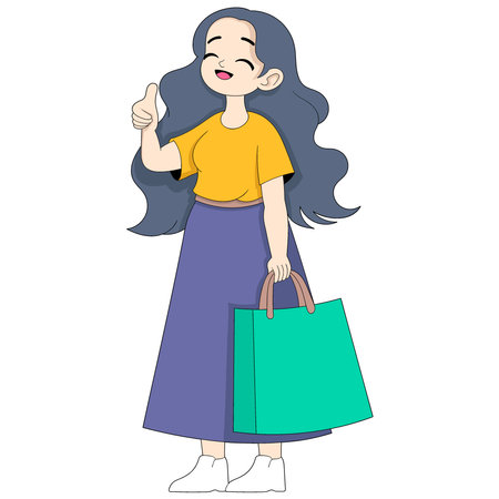 cartoon doodle illustration of women's activities, happy girl on payday is shopping, creative drawingのイラスト素材