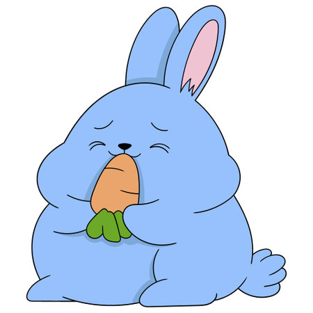 doodle illustration of a cute cartoon animal, a fat blue rabbit is sitting enjoying eating carrots, creative drawingのイラスト素材