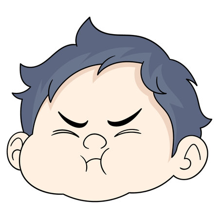 cartoon doodle drawing of people's behavior, the head of a baby boy with a frowning expression of disapprovalのイラスト素材