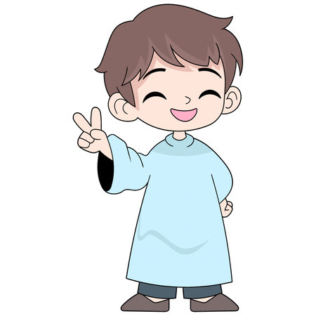 cartoon doodle image of Muslim people celebrating Eid Mubarak, young boy with a happy face welcoming the religious celebrationのイラスト素材