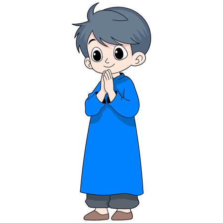 Cartoon doodle image of Muslim people celebrating Eid Mubarak, young boy with a friendly face giving peace greetingsのイラスト素材