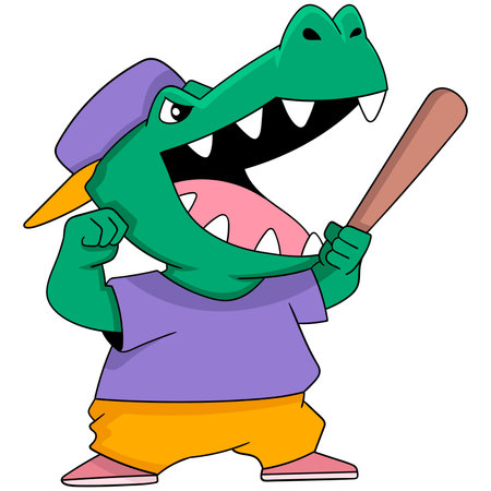 cartoon doodle illustration of sports animals, a crocodile practicing baseball, carrying a ball batのイラスト素材