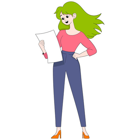 cartoon doodle illustration of people's activities, beautiful girl standing carrying paper reading...