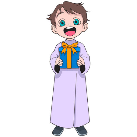 cartoon doodle illustration of religious activities, young boy is carrying a box containing gifts to donate to the poorのイラスト素材