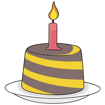 Icon illustration in flat colors, birthday party cake with burning candles on top
