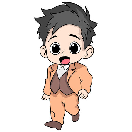 illustration of a cartoon doodle drawing of business people's activities, a boy with a happy face is running because he is late for the officeのイラスト素材