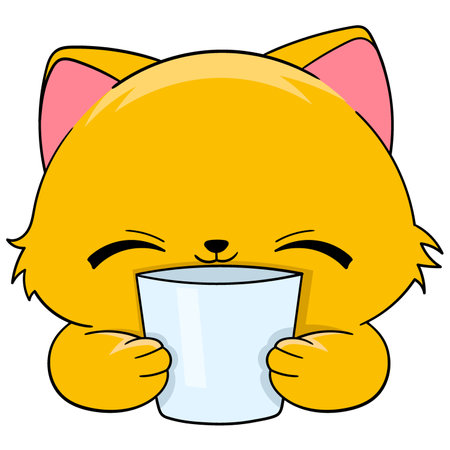 Cartoon doodle illustration of animals acting funny, yellow cat is holding a glass filled with fresh drinking waterのイラスト素材