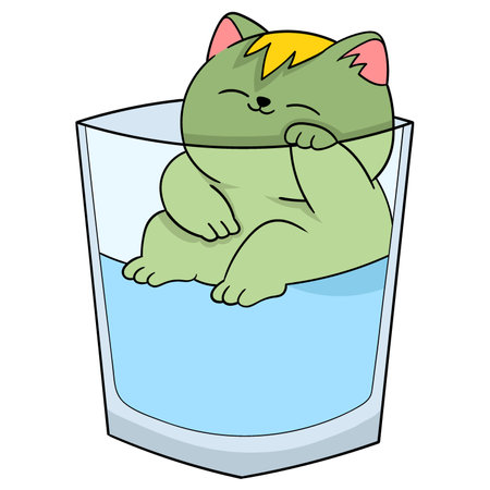 Cartoon doodle illustration of animals acting funny, overheated fat cat soaking in a glass of cold waterのイラスト素材