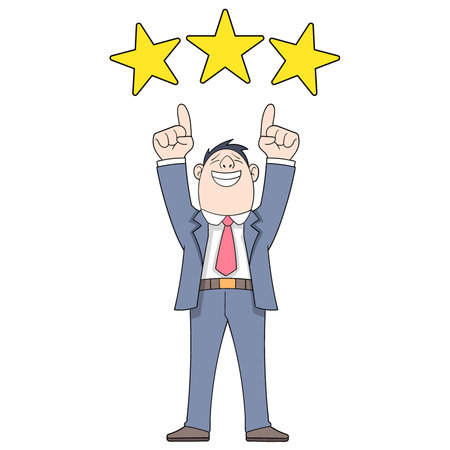cartoon doodle illustration of business activities, businessman gets star rating as worker of the yearのイラスト素材