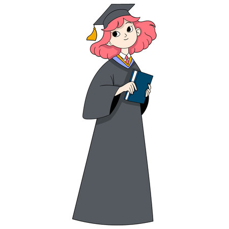 educational cartoon doodle, University undergraduate graduation ceremony attireのイラスト素材