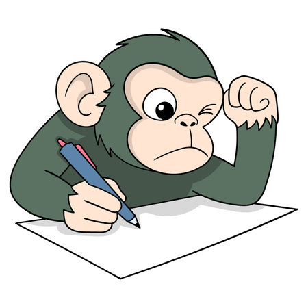 cartoon doodle of animals and science, a green monkey is studying to solve problems for an exam