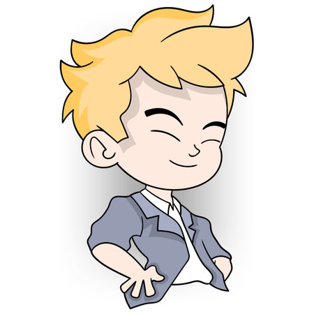 doodle cartoon people expression, blonde boy smiling with satisfaction at the results of his work