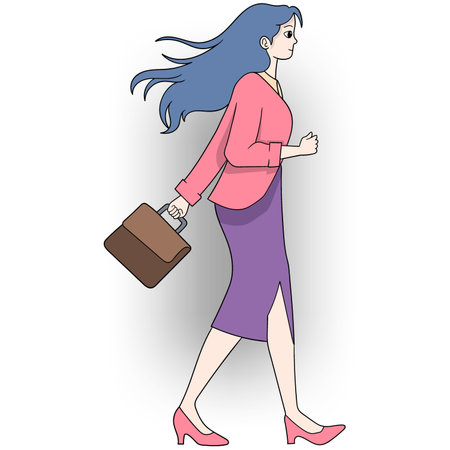 doodle cartoon business worker activities, beautiful woman rushing to work to avoid being lateのイラスト素材