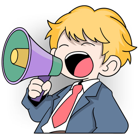 doodle cartoon media announcement, businessman boy is shouting using a megaphone speakerのイラスト素材