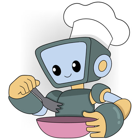 cartoon doodle of the sophistication of artificial intelligence in the future, intelligent robots are tasting delicious food before serving itのイラスト素材