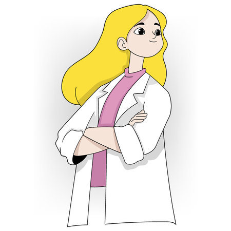 doodle cartoon illustration, female health worker, beautiful blonde doctor smiling with friendly faceのイラスト素材