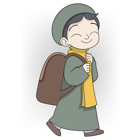 A happy young traveler dressed in traditional attire is shown smiling while carrying a backpack. The cartoon character wears a green outfit with a matching hat and a yellow scarfのイラスト素材