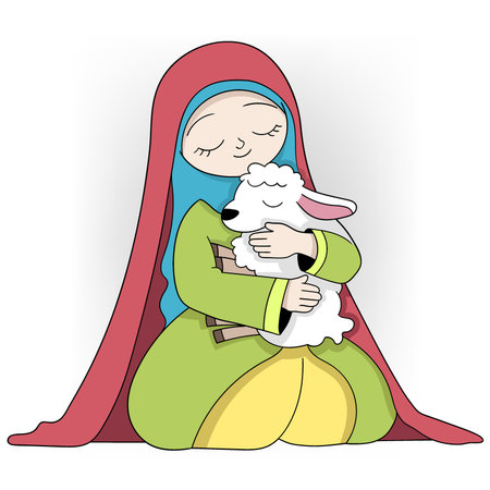 Muslim girl celebrating Eid al Adha hugging a goat to donate, doodle cartoon illustrationのイラスト素材